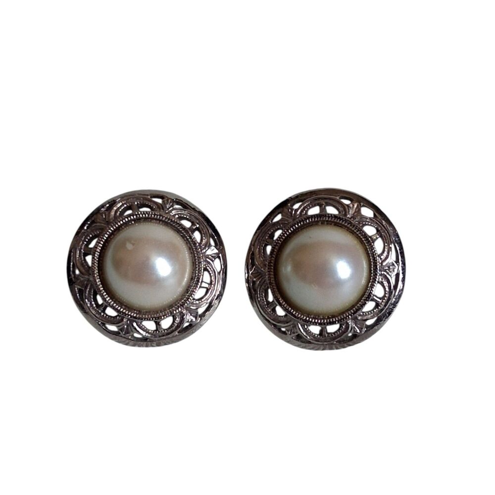 Vintage Silver Toned Metal Faux Pearl Post Back Statement Stud Style Earrings